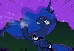 Size: 1570x1080 | Tagged: safe, derpibooru import, screencap, princess luna, alicorn, pony, luna eclipsed, concave belly, crown, ethereal mane, ethereal tail, female, folded wings, hoof shoes, jewelry, lidded eyes, mare, night, outdoors, peytral, princess shoes, raised hoof, raised leg, regalia, sky, slender, solo, standing, tail, teeth, thin, traditional royal canterlot voice, tree, wings