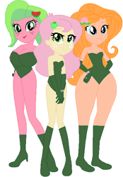 Size: 406x585 | Tagged: safe, artist:sturk-fontaine, derpibooru import, oc, oc only, oc:briar apple, oc:melon kiss, oc:peach blossom, equestria girls, g4, base used, big breasts, breasts, child bearing hips, clothes, crossover, dc comics, female, henchgirls, leotard, magical lesbian spawn, offspring, parent:applejack, parent:fluttershy, simple background, trio, trio female, white background, wide hips