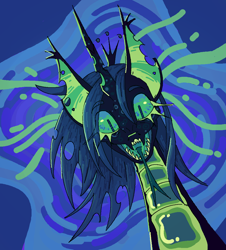 Size: 996x1100 | Tagged: safe, artist:6chocolatepie9, derpibooru import, queen chrysalis, changeling, changeling queen, alternate design, big ears, blue background, ears, simple background, solo, tongue, tongue out