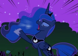 Size: 1521x1080 | Tagged: safe, derpibooru import, screencap, princess luna, alicorn, pony, g4, luna eclipsed, season 2, cropped, ethereal mane, ethereal tail, eyes closed, female, folded wings, hoof shoes, jewelry, mare, night, open mouth, peytral, princess shoes, raised hoof, raised leg, solo, sparkly mane, sparkly tail, speed lines, tail, tiara, traditional royal canterlot voice, wings