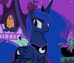 Size: 1273x1080 | Tagged: safe, derpibooru import, screencap, princess luna, alicorn, pony, g4, luna eclipsed, season 2, concave belly, cropped, crown, ethereal mane, ethereal tail, female, folded wings, jewelry, looking back, mare, night, peytral, ponyville, regalia, slender, solo, sparkly mane, sparkly tail, tail, thin, tiara, wings