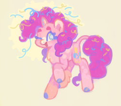 Size: 603x530 | Tagged: safe, artist:6chocolatepie9, derpibooru import, pinkie pie, pony, unicorn, ;d, appaloosa, beanbrows, blue eyelashes, coat markings, colored eyelashes, colored hooves, confetti, confetti in mane, confetti in tail, eyebrows, facial markings, leg fluff, leonine tail, one eye closed, open mouth, open smile, race swap, raised hoof, raised leg, simple background, smiling, snip (coat marking), socks (coat marking), solo, tail, unicorn pinkie pie, wink, yellow background