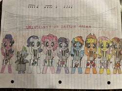 Size: 4032x3024 | Tagged: safe, derpibooru import, applejack, fluttershy, pinkie pie, rainbow dash, rarity, spike, starlight glimmer, sunset shimmer, twilight sparkle, twilight sparkle (alicorn), alicorn, dragon, earth pony, pegasus, pony, unicorn, bipedal, drawing, drumming, drums, hoof hold, lined paper, magnetic hooves, mane seven, mane six, musical instrument, ohio, traditional art, winged spike, wings