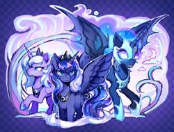 Size: 4881x3700 | Tagged: safe, artist:kekekekekekekk, derpibooru import, nightmare moon, princess luna, alicorn, pony, g4, :o, abstract background, absurd resolution, checkered background, fangs, female, glowing, glowing eyes, hybrid wings, lidded eyes, mare, multeity, open mouth, raised hoof, raised leg, s1 luna, sharp teeth, smiling, smirk, spread wings, teeth, trio, wings