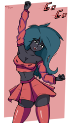 Size: 2752x4858 | Tagged: safe, artist:toxinagraphica, derpibooru import, queen chrysalis, human, equestria girls, cheerleader, cheerleader outfit, clothes, female, looking at you, sexy, simple background, skirt, smiling, socks, solo, stockings, thigh highs