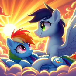 Size: 1024x1024 | Tagged: safe, ai content, derpibooru import, generator:bing image creator, machine learning generated, rainbow dash, soarin', pony, g4, cloud, cloudy, female, folded wings, if only, lying down, male, pony on pony action, prompter:*rainbow dash*, shipping, sky, soarindash, spread wings, straight, sun, sweet dreams fuel, wings