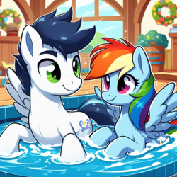 Size: 1024x1024 | Tagged: safe, ai content, derpibooru import, generator:bing image creator, machine learning generated, rainbow dash, soarin', g4, bath, bath time, bathing, bathing together, female, male, prompter:*rainbow dash*, shipping, smiling, soarindash, spread wings, straight, wings