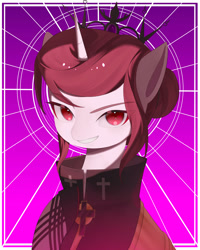 Size: 4000x5000 | Tagged: safe, artist:jijizi, derpibooru import, oc, oc only, oc:rosa maledicta, pony, unicorn, equestria at war mod, abstract background, bust, clothes, crown, gradient background, jewelry, portrait, regalia, solo