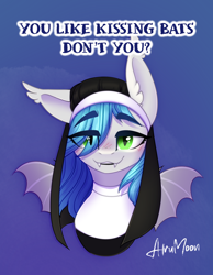 Size: 1300x1676 | Tagged: safe, artist:alrumoon_art, derpibooru import, oc, oc only, bat pony, blue background, blue mane, boy kisser meme, bust, commission, ear fluff, ears, eye clipping through hair, green eyes, hair over one eye, nun outfit, portrait, simple background, ych result