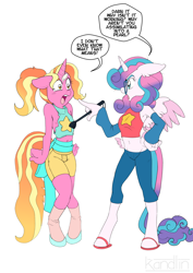 Size: 4962x7014 | Tagged: safe, artist:kandlin, derpibooru import, luster dawn, princess flurry heart, alicorn, anthro, unguligrade anthro, unicorn, absurd resolution, belly button, clothes, cosplay, costume, female, flurrydawn, glasses, lesbian, midriff, pearl (steven universe), riding crop, shipping, simple background, speech bubble, steven quartz universe, steven universe, white background, yelling