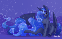 Size: 3510x2225 | Tagged: safe, artist:alrumoon_art, derpibooru import, princess luna, alicorn, pony, g4, abstract background, chest fluff, closed mouth, curved horn, cute, ethereal hair, ethereal mane, ethereal tail, female, horn, looking at you, lunabetes, mare, missing accessory, partially open wings, purple background, simple background, sitting, smiling, solo, sparkly mane, sparkly tail, spread wings, starry mane, starry tail, stars, tail, wings
