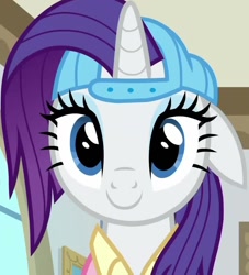 Size: 972x1071 | Tagged: safe, derpibooru import, screencap, rarity, pony, unicorn, friendship university, g4, season 8, alternate hairstyle, backwards ballcap, baseball cap, cap, cropped, cute, disguise, ears, female, floppy ears, hat, looking at you, mare, plainity, raribetes, solo