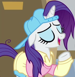 Size: 957x983 | Tagged: safe, derpibooru import, screencap, rarity, pony, unicorn, friendship university, g4, season 8, alternate hairstyle, backwards ballcap, baseball cap, cap, clothes, cropped, disguise, eyes closed, female, hat, mare, plainity, raised hoof, raised leg, solo