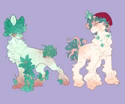 Size: 1800x1500 | Tagged: safe, artist:ghostunes, derpibooru import, oc, oc only, oc:oakley, oc:zachary, earth pony, unicorn, alternate universe, beanie, berry, body freckles, chest fluff, clover, design, earth pony oc, fluffy, food, freckles, fruit, gradient hooves, hair covering face, hat, hoof fluff, horn, looking at you, plant, purple background, siblings, simple background, spots, sprout, twins, unicorn oc