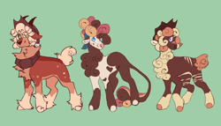 Size: 3000x1714 | Tagged: safe, artist:ghostunes, derpibooru import, oc, oc only, oc:honey bun, oc:maple oak, oc:sweet nectar, cow, hybrid, sheep, g4, alternate universe, bandana, chest fluff, cowboy hat, curly hair, design, fluffy, green background, hat, heart, heart on cheek, herd, hoof fluff, horns, leonine tail, looking at you, shy, simple background, slender, spots, stripes, tail, thin, yoke