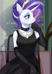 Size: 2480x3508 | Tagged: safe, artist:tabithaqu, derpibooru import, rarity, anthro, unicorn, the gift of the maud pie, black dress, clothes, dress, gloves, jewelry, little black dress, long gloves, necklace, pearl necklace, solo
