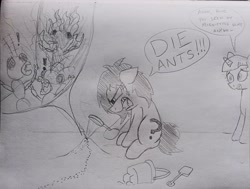 Size: 3748x2834 | Tagged: safe, artist:dhm, derpibooru import, twilight sparkle, oc, oc:anon filly, insect, pony, angry, ants, death, female, filly, foal, horror, incineration, magnifying glass, monochrome, pail, pencil drawing, sandbox, shocked, shovel, sketch, speech bubble, text, traditional art, yelling