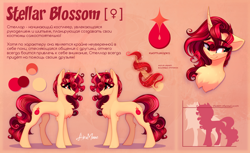 Size: 3228x1975 | Tagged: safe, artist:alrumoon_art, derpibooru import, oc, oc only, oc:stellar blossom, pony, unicorn, blush lines, blushing, bust, butt fluff, chest fluff, concave belly, curved horn, cyrillic, female, female symbol, horn, leg fluff, looking away, magic, magic aura, mare, red background, red eyes, reference sheet, simple background, slender, smiling, solo, standing, text, thin, unicorn oc