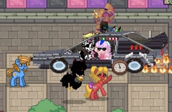 Size: 1087x714 | Tagged: safe, derpibooru import, oc, oc:blue cookie, earth pony, pony, back to the future, delorean, earth pony oc, event, fire, harmonycon, open mouth, pony town