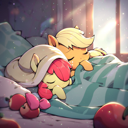 Size: 1024x1024 | Tagged: safe, ai content, artist:venisoncreampie, derpibooru import, generator:pony diffusion v6 xl, generator:stable diffusion, machine learning generated, apple bloom, applejack, earth pony, pony, adorabloom, apple, apple sisters, blanket, cute, duo, duo female, eyes closed, female, food, jackabetes, prompt in description, prompter:venisoncreampie, siblings, sisters, sleeping