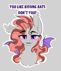 Size: 1310x1532 | Tagged: safe, alternate version, artist:alrumoon_art, derpibooru import, oc, oc only, oc:alruna moonrise, bat pony, alternate character, bedroom eyes, boykisser, bust, chest fluff, ear fluff, ears, fangs, heart, heart eyes, looking at you, portrait, solo, spread wings, wingding eyes, wings