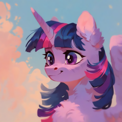 Size: 2048x2048 | Tagged: safe, ai content, derpibooru import, generator:pony diffusion v6 xl, generator:purplesmart.ai, generator:stable diffusion, machine learning generated, twilight sparkle, twilight sparkle (alicorn), alicorn, pony, g4, bust, chest fluff, cloud, ear fluff, ears, female, mare, portrait, prompter:krivovyaz, sky, smiling, solo