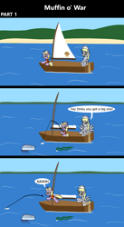 Size: 1920x3516 | Tagged: safe, artist:platinumdrop, derpibooru import, derpy hooves, dinky hooves, fish, jellyfish, pegasus, pony, unicorn, comic:muffin o' war, g4, 3 panel comic, algae, boat, clothes, coast, comic, commission, danger, determined, duo, duo female, encouragement, fear, female, filly, fishing, fishing rod, foal, folded wings, food, happy, hat, hoof hold, imminent abuse, lifejacket, mare, midair, mother and child, mother and daughter, muffin, ocean, open mouth, outdoors, parent and child, pulling, reaching, sail, sailboat, sailing, scared, screaming, sitting, smiling, speech bubble, spread wings, struggling, surprised, this will not end well, tongue, tongue out, water, wings
