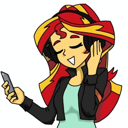 Size: 2000x2000 | Tagged: safe, artist:l3unyowo, derpibooru import, sunset shimmer, human, equestria girls, g4, bust, cellphone, clothes, eyes closed, female, headphones, jacket, listening to music, open mouth, open smile, phone, shirt, simple background, smartphone, smiling, solo, white background