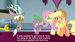 Size: 1000x563 | Tagged: safe, derpibooru import, edit, edited screencap, editor:incredibubbleirishguy, screencap, applejack, discord, fluttershy, spike, draconequus, dragon, earth pony, pegasus, pony, the ending of the end, alternate scenario, female, implied lord tirek, male, mare, quote, reference used, text, winged spike, wings