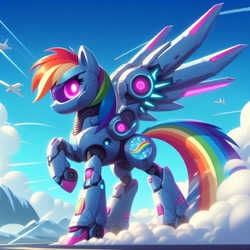 Size: 1024x1024 | Tagged: safe, ai content, derpibooru import, generator:dall-e 3, machine learning generated, rainbow dash, pony, robot, robot pony, jet, looking at you