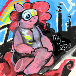 Size: 640x640 | Tagged: safe, artist:rexalogy, derpibooru import, pinkie pie, anthro, digitigrade anthro, earth pony, g4, clothes, crossed legs, curly hair, curly mane, factory, female, goggles, safety goggles, sitting, smiling, solo