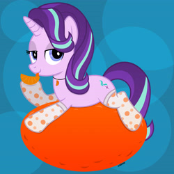 Size: 4200x4200 | Tagged: safe, artist:a4r91n, derpibooru exclusive, derpibooru import, starlight glimmer, pony, unicorn, g4, abstract background, bedroom eyes, clothes, female, food sitting, jewelry, looking at you, mare, pendant, socks, solo, tangerine