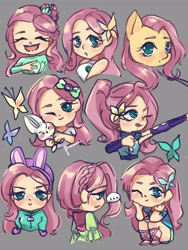 Size: 2400x3200 | Tagged: safe, artist:suracao, derpibooru import, angel bunny, fluttershy, butterfly, human, pegasus, pony, rabbit, equestria girls, ..., animal, archery, arrow, bow (weapon), bow and arrow, clothes, female, folk fluttershy, gray background, human coloration, mare, simple background, solo focus, weapon, winter outfit