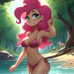 Size: 1024x1024 | Tagged: safe, ai content, derpibooru import, generator:bing image creator, generator:dall-e 3, machine learning generated, pinkie pie, human, g4, absolute cleavage, bare shoulders, bedroom eyes, belly button, bikini, blushing, breasts, cleavage, clothes, cute, diapinkes, forest, grin, hand on head, humanized, lake, looking at you, nature, outdoors, partially submerged, pink bikini, pinkie pies, sexy, side-tie bikini, sleeveless, smiling, smiling at you, solo, standing, standing in water, striped swimsuit, stupid sexy pinkie, swimsuit, tree, water, wet, wrong eye color