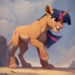 Size: 1024x1024 | Tagged: safe, ai content, derpibooru import, machine learning generated, twilight sparkle, unicorn twilight, big cat, lion, unicorn, golden eyes, leonine tail, lioness, paws, solo, species swap, tail, the lion king