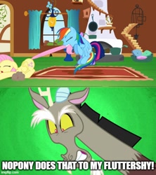 Size: 500x562 | Tagged: safe, derpibooru import, edit, edited screencap, screencap, discord, fluttershy, rainbow dash, twilight sparkle, draconequus, pegasus, pony, dragon quest, g4, make new friends but keep discord, caption, fluttershy's cottage (interior), image macro, tail, tail pull, text, trio