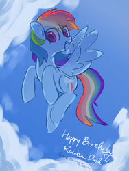 Size: 3072x4096 | Tagged: safe, artist:metaruscarlet, derpibooru import, rainbow dash, pegasus, pony, blue sky, cloud, flying, happy birthday, looking at you, open mouth, sky, solo, spread wings, wings