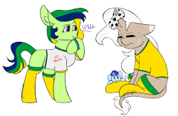 Size: 2219x1451 | Tagged: safe, artist:minty25, derpibooru import, oc, oc only, oc:maria potranca, oc:saph quills, oc:valkiria, earth pony, pony, unicorn, annoyed, ball, brazil, clothes, commission, deflation, duo, duo female, eyes closed, female, football, horn, horn impalement, leonine tail, mare, multicolored hair, multiple horns, plushie, scar, shirt, simple background, sitting, socks, sports, t-shirt, tail, transparent background, wristband