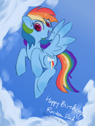 Size: 3072x4096 | Tagged: safe, artist:metaruscarlet, derpibooru import, rainbow dash, pegasus, pony, g4, blue sky, cloud, flying, happy birthday, looking at you, open mouth, sky, solo, spread wings, wings