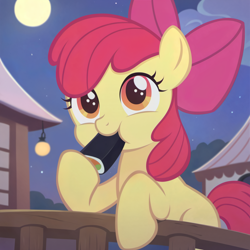 Size: 2560x2560 | Tagged: safe, ai content, derpibooru import, machine learning assisted, apple bloom, earth pony, pony, g4, adorabloom, cloud, cute, eating, female, filly, foal, food, house, lamp, meat, moon, night, outdoors, ponies eating meat, ponies eating seafood, seafood, setsubun, solo, stars, sushi