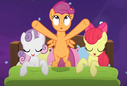 Size: 963x651 | Tagged: safe, derpibooru import, screencap, apple bloom, scootaloo, sweetie belle, earth pony, pegasus, pony, unicorn, g4, growing up is hard to do, bed, being big is all it takes, cropped, cutie mark crusaders, female, mare, older, older apple bloom, older cmc, older scootaloo, older sweetie belle, trio
