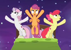 Size: 653x460 | Tagged: safe, derpibooru import, screencap, apple bloom, scootaloo, sweetie belle, earth pony, pegasus, pony, unicorn, g4, growing up is hard to do, bed, being big is all it takes, cropped, cutie mark crusaders, female, mare, older, older apple bloom, older cmc, older scootaloo, older sweetie belle, trio