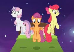 Size: 677x476 | Tagged: safe, derpibooru import, screencap, apple bloom, scootaloo, sweetie belle, earth pony, pegasus, pony, unicorn, g4, growing up is hard to do, bed, being big is all it takes, cropped, cutie mark crusaders, female, mare, older, older apple bloom, older cmc, older scootaloo, older sweetie belle, smiling, trio