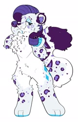 Size: 1308x2048 | Tagged: safe, artist:spookyfoxinc, derpibooru import, rarity, anthro, big cat, digitigrade anthro, leopard, snow leopard, g4, chest fluff, cute, cute little fangs, ear fluff, ears, fangs, female, fluffy, furrified, lidded eyes, looking at you, simple background, smiling, solo, species swap, white background