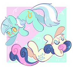 Size: 1643x1519 | Tagged: safe, artist:typhwosion, derpibooru import, bon bon, lyra heartstrings, sweetie drops, earth pony, unicorn, g4, blushing, duo, februpony, female, happy, heart, heart eyes, lesbian, lyrabon, mare, open mouth, open smile, shipping, smiling, wingding eyes