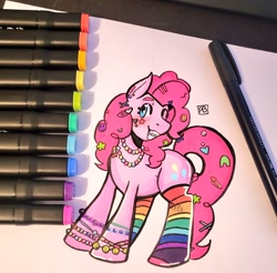 Size: 1024x1006 | Tagged: safe, artist:ratbytez, derpibooru import, pinkie pie, earth pony, pony, g4, barette, bracelet, clothes, decora, female, jewelry, mare, marker drawing, photo, rainbow socks, socks, solo, striped socks, tail, traditional art