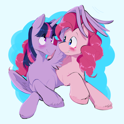 Size: 2048x2051 | Tagged: safe, artist:ponypierced, derpibooru import, pinkie pie, twilight sparkle, twilight sparkle (alicorn), alicorn, earth pony, pony, g4, blushing, crossed hooves, cuddling, cute, diapinkes, female, head pat, lesbian, light blue background, looking at each other, looking at someone, lying down, mare, pat, prone, shipping, simple background, smiling, smiling at each other, twiabetes, twinkie, wing hands, wing hold, wings