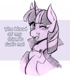 Size: 1818x1991 | Tagged: safe, artist:ratbytez, derpibooru import, twilight sparkle, unicorn twilight, pony, undead, unicorn, vampire, vampony, g4, cape, clothes, cute, dialogue, fangs, female, horn, looking at you, mare, monochrome, one eye closed, open mouth, open smile, smiling, solo, twiabetes, vampirism, wink, winking at you