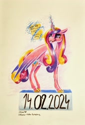 Size: 2340x3427 | Tagged: safe, artist:cahandariella, derpibooru import, princess cadance, alicorn, pony, g4, colored pencil drawing, female, levitation, magic, mare, scroll, smiling, solo, telekinesis, traditional art