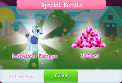 Size: 1264x860 | Tagged: safe, derpibooru import, idw, earth pony, pony, g4, bundle, clothes, costs real money, english, facial hair, gameloft, gem, glasses, idw showified, male, mobile game, moustache, my little pony: magic princess, numbers, official, postmaster buckeye, sale, shirt, solo, stallion, text